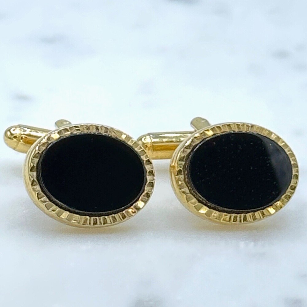 Vintage Oval Black Center & Gold Tone Bullet Back Elegant Formal Cufflinks - Picture 3 of 10